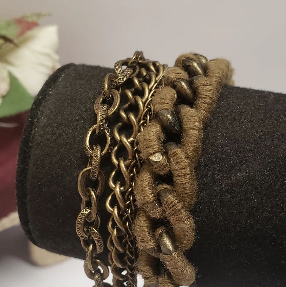 Unique Bronze Chunky Thread Wrapped Multi Chain Bracelet